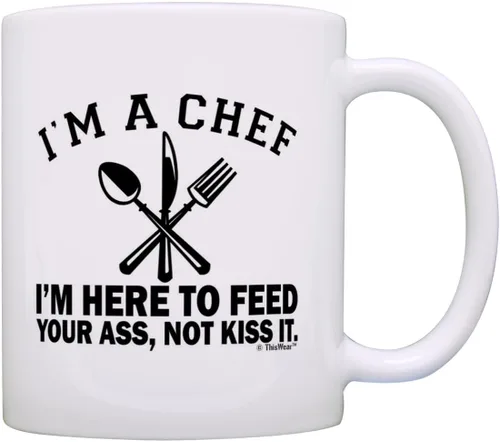 Miniatura 10 de Regalos de chef para mujeres, con texto en inglés "I I'm A Chef Here to Feed Your Ass Not Kiss It" Taza de café de 15 onzas color blanco 15oz