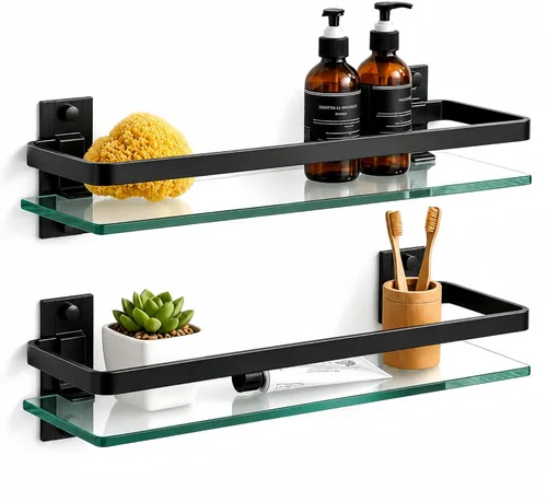 AIJALY Paquete de 2 estantes de vidrio para baño, 15.7 pulgadas, estante de vidrio negro para ducha de baño, montado en la pared, estante de cocina