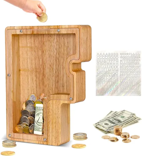 Miniatura 12 de Alcancía de Madera Personalizada con Letras del Alfabeto, Banco de Monedas con Letras del Alfabeto para Niños, Niñas y Bebés, Tamaño Grande, 26