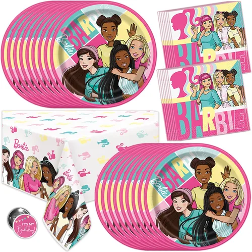 Decoraciones de fiesta de cumpleaños de Barbie | Decoraciones de fiesta de Barbie | Sirve para 16 invitados | Con licencia oficial | Mantel, platos,