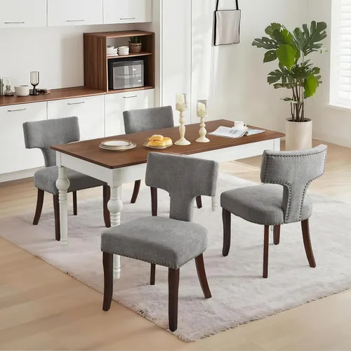 Miniatura 17 de SoarFlash Juego de 2 sillas de comedor modernas de madera, silla tapizada de tela de lino de granja, respaldo curvado con clavos de cobre alrededor