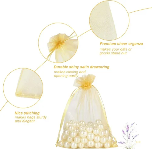 Miniatura 4 de HRX Package 100 bolsas de organza doradas, 5 x 7 pulgadas, malla con cordón, bolsas de regalo, bolsas de joyería para dulces de Navidad, recuerdos