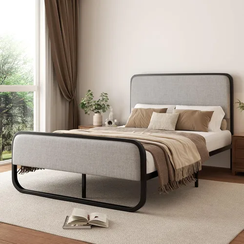 Miniatura 9 de Sismplly Base de cama tapizada de tamaño matrimonial con cabecero y estribo curvos, listones de metal resistente, almacenamiento debajo de la cama