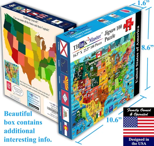 Miniatura 5 de Think2Master Colorido rompecabezas de 100 piezas con mapa de Estados Unidos, ideal para familias. Gran regalo de EE. UU. 23.4 x 16.5 pulgadas