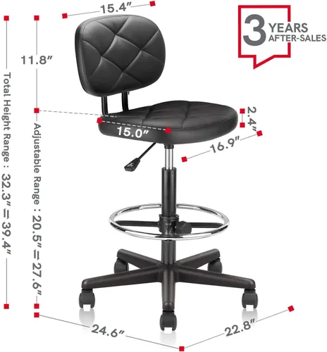 Miniatura 3 de KLASIKA Taburete alto con ruedas de dibujo con soporte de respaldo bajo y anillos ajustables para reposapiés, juego de 2 sillas de escritorio negro