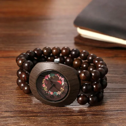 Miniatura 5 de JewelryWe Reloj elástico de madera bohemio pulsera de madera con cuentas Tonneau hecha a mano, esfera floral con banda elástica, reloj de pulsera