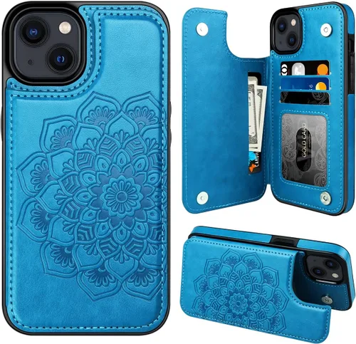 Miniatura 17 de MMHUO Funda para iPhone 14 con tarjetero y parte trasera magnética de flores para iPhone 14, funda protectora para iPhone 14, color oro rosa