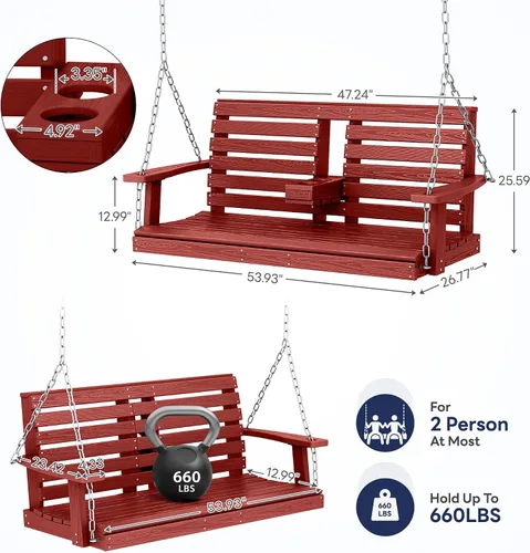 Miniatura 22 de KINGYES Columpio colgante para porche al aire libre, silla de columpio de patio de 2 asientos con portavasos, banco impermeable para patio y jardín