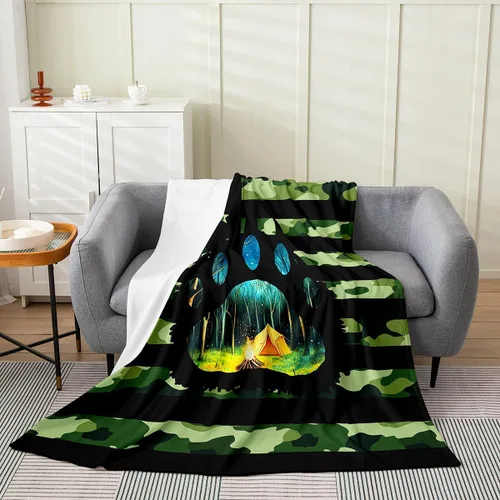 Miniatura 2 de Erosebridal American Flag Blanket 40x50 Army Green Camo Flannel Blanket for Bed Sofa Crib Bear Claw Hunting Theme Bedroom Decor Camoflage Camping