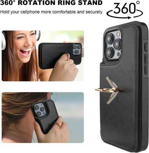 Miniatura 5 de ONETOP Funda tipo cartera para iPhone 15 Pro Max con soporte para tarjetas, anillo de rotación de 360°, función atril, bloqueo RFID, piel sintética