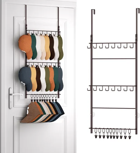 Miniatura 10 de HapiRm Perchero para Puerta - Organizador de Sombreros de 3 Niveles Montado en la Pared con 16 Ganchos y 10 Clips Móviles, Organizador de Sombreros
