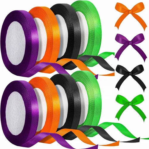 Miniatura 8 de Xinnun Cinta de satén de Halloween de 200 yardas, 8 rollos de cinta de seda de poliéster de 3/8 pulgadas para Navidad, Halloween, decoración