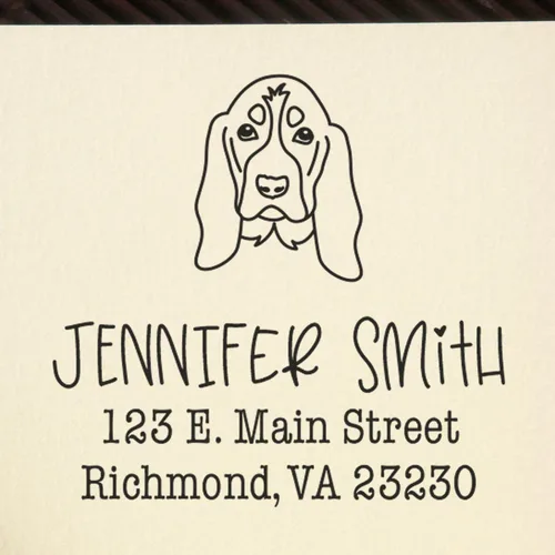 Sello de dirección personalizado Basset Hound – Sello personalizable con nombre y dirección para sobres, ideal para amantes de los perros,