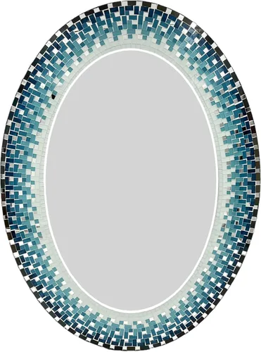 Decoración artística de pared – Espejo de pared decorativo hecho a mano, mosaico azul oscuro, verde azulado y blanco, 32 x 24 pulgadas forma ovalada