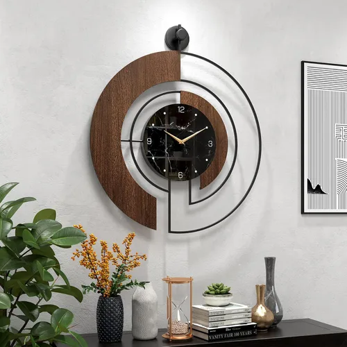 Miniatura 8 de Reloj de pared moderno con esfera de mármol de nogal, marco de metal de madera grande, silencioso, sin tictac, para sala de estar, decoración
