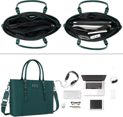 Miniatura 3 de MOSISO Bolsa Tote de Cuero PU para Laptop para Mujeres (17-17.3 pulgadas), Maletín Impermeable de Gran Capacidad para Trabajo de Negocios con Correa