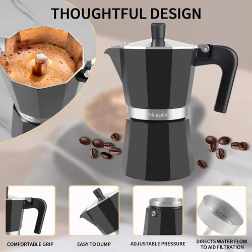 Miniatura 5 de Mongdio - Cafetera de café espresso para estufa Moka, Cafetera Cubana para estufa, Cafetera Mocha Greca Italiana, para 6 tazas de espresso, 10 onzas