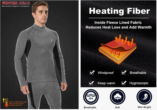 Miniatura 4 de Men's Fleece Lined Long Johns Base Layer Set Top Bottom for Ski Running Cold Weather