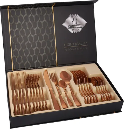 Miniatura 11 de Juego de cubiertos de acero inoxidable, juego de vajilla de 20 piezas, elegante cuchillo, tenedor, cuchara, cubiertos, servicio para 4 (dorado)
