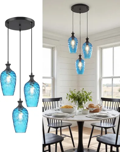 Miniatura 19 de Lámpara colgante de 3 luces, moderna lámpara de araña de níquel cepillado para comedor sobre mesa con vidrio martillado, luces colgantes de racimo