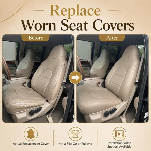 Miniatura 7 de NLQR Fundas de asiento de cuero de repuesto para parte inferior y superior del lado del conductor y del pasajero, color tostado, compatibles