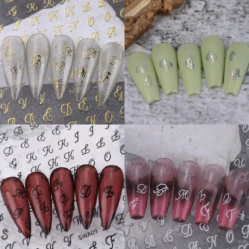 Miniatura 5 de Calcomanías de uñas con letras, 8 hojas de calcomanías de uñas con letras en inglés antiguo, 3D, autoadhesivas, doradas, plateadas, negras, blancas