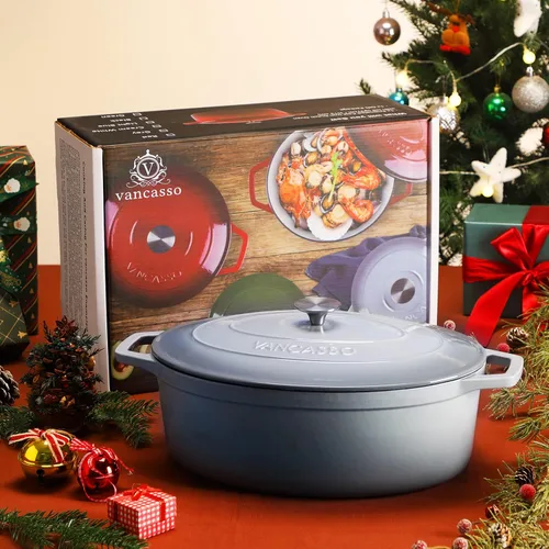 Miniatura 7 de vancasso Horno holandés de hierro fundido esmaltado, olla holandesa de 9.3 cuartos de galón con tapa, olla ovalada de hierro fundido con Gris