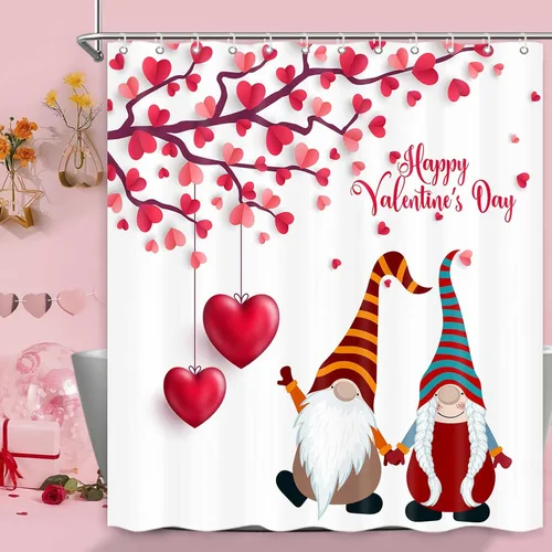 Miniatura 14 de Cortina de ducha de gnomo de San Valentín, decoración romántica de baño con corazones rojos, juego de cortinas de baño rojas y negras, decoración