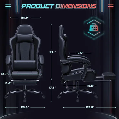Miniatura 3 de JUMMICO Silla ergonómica para videojuegos con reposapiés y soporte lumbar de masaje, silla de videojuegos de altura ajustable con asiento giratorio
