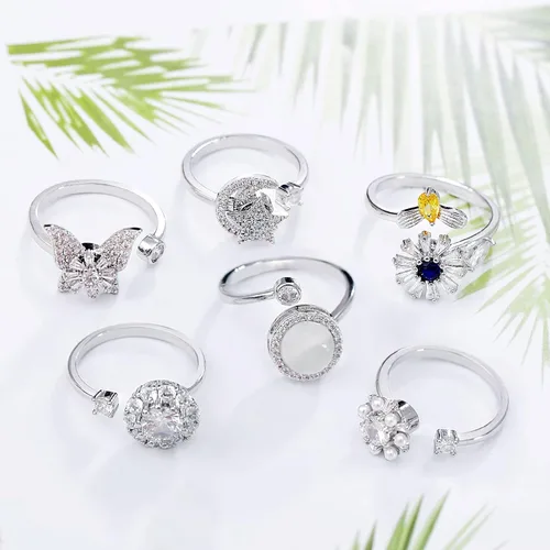 Miniatura 6 de Honsny 6 piezas anillos de ansiedad chapados en oro de 14K para mujeres, anillo giratorio ajustable para la ansiedad, anillos fidget CZ de mariposa