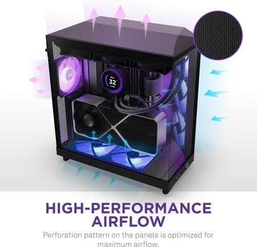 Miniatura 5 de NZXT H6 Flow CC-H61FB-01 Carcasa compacta de doble cámara de torre media con flujo de aire Paneles de vidrio panorámicos Paneles de flujo