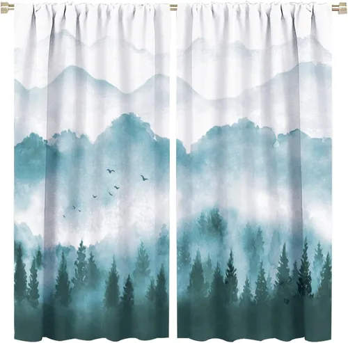 Miniatura 24 de BAEKJIN Cortinas verdes de bosque brumoso, acuarela, naturaleza, paisaje, plantas, árbol, bolsillo para barra, opacas, tratamiento de ventana
