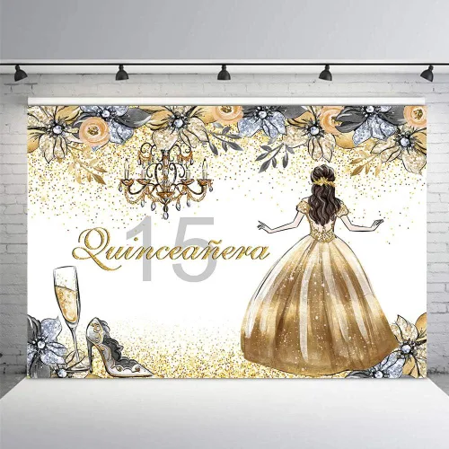 Miniatura 3 de MEHOFOTO - Fondo de cabina de estudio fotográfico de quinceañera de quinceañera con purpurina dorada y plateada floral dulce 15 membrillo niña años
