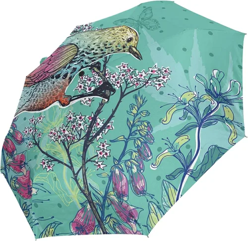 Miniatura 2 de Paraguas plegable con apertura automática, compacto, para lluvia, estilo vintage, retro, pájaro, floral, azul, para mujeres, hombres, niños, viajes
