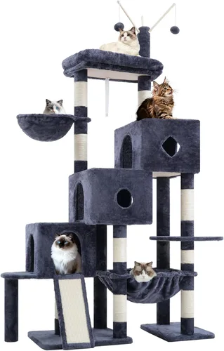 Miniatura 9 de Hey-brother Torre de árbol para gatos, postes rascadores con 3 condominios, canasta grande, cama acogedora, tabla de sisal, camino de escalada paso