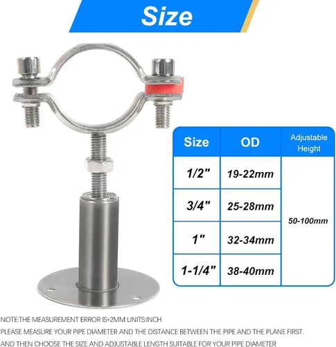 Miniatura 5 de 4 soportes de tubo de montaje en pared de acero inoxidable 304, adecuados para tubos OD de 1-1/4 pulgadas (1.496-1.575 in), altura ajustable