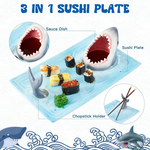 Miniatura 3 de Platos de tiburón, plato de sushi de tiburón 3 en 1 mejorado, plato de sushi de tiburón, plato de tiburón con compartimento para salsa