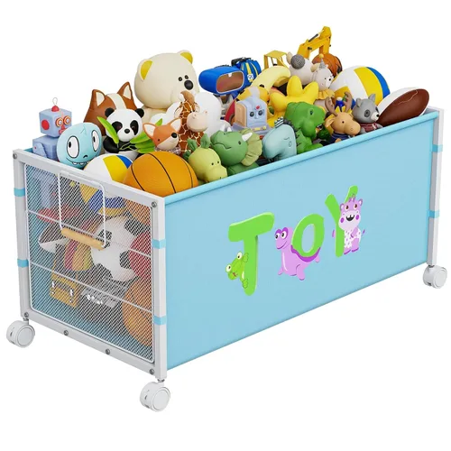 Caja grande de juguetes para niños con ruedas, 120L Cajas de juguetes para niños extra grandes de metal y tela Oxford, cofre de juguetes organizador