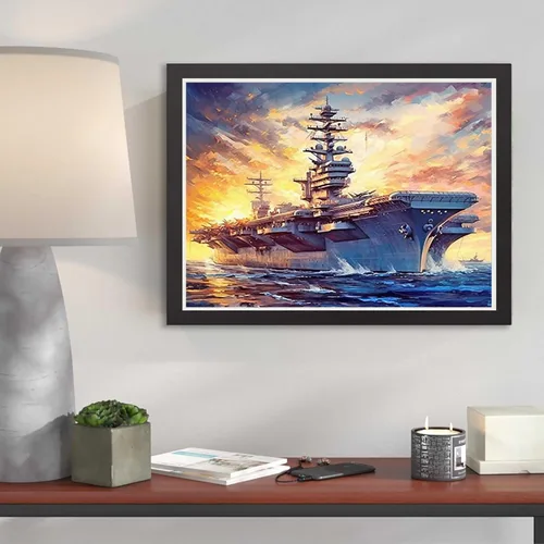 Miniatura 3 de Pintura artística de diamante, portaaviones, buque de guerra, Segunda Guerra Mundial, tema militar, kit de ventilador del ejército para adultos