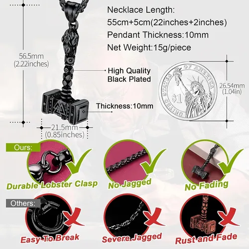 Miniatura 6 de FaithHeart - Collar con talismán de martillo de Thor vikingo para hombre, amuleto nórdico vintage de Mjolnir, colgante con cadena de trigo