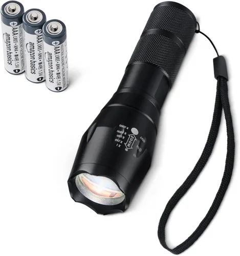 Amazon Basics Linterna LED de mano, 200 linternas de alto lumen Enfoque de brillo ajustable, negro