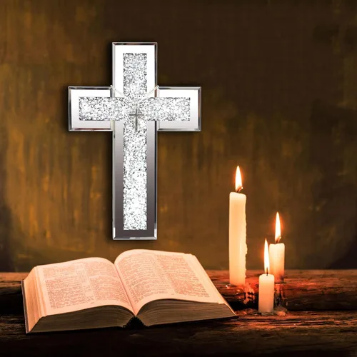Miniatura 7 de GIMORRTO Decoración de pared con cruz espejada, cristal de diamante triturado, arte de pared religioso (pequeño)