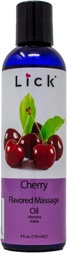 Lick Aceite de masaje con sabor a cereza – Aceite de masaje comestible de fruta audaz con vitamina E, deslizamiento suave y seguro para el cuerpo