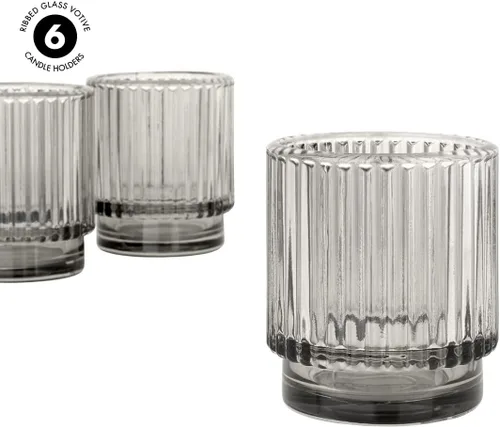 Miniatura 5 de Koyal Wholesale Portavelas votivas de vidrio acanalado gris claro a granel, paquete de 6 portavelas acanalado gris claro, portavelas votivas grandes