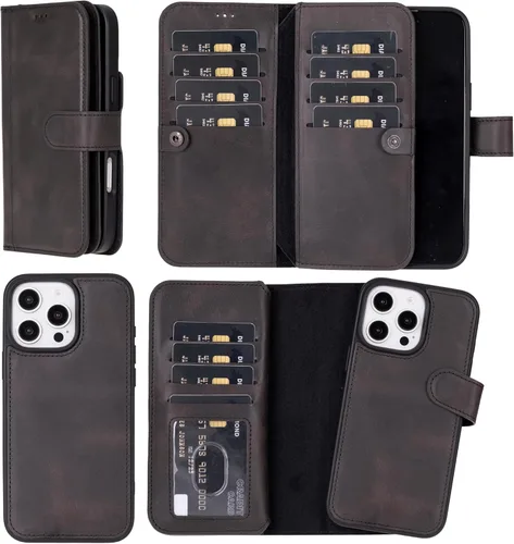 Miniatura 50 de HARDISTON Funda de piel auténtica de alta calidad hecha a mano para iPhone 11 Pro de 5.8 pulgadas, tarjeteros de doble folio, funda magnética Negro