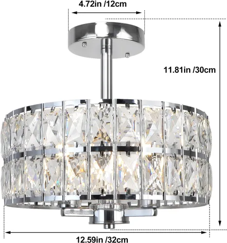 Miniatura 5 de Lámpara de techo redonda de cristal de 3 luces, moderna lámpara de pasillo de 12.6 pulgadas, lámpara de cocina semiempotrada cromada con pantalla
