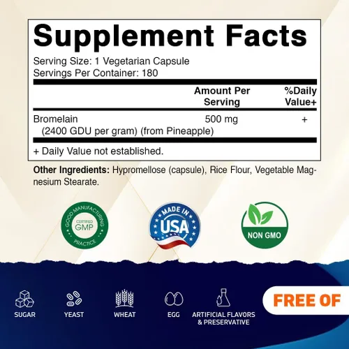 Miniatura 2 de Vitamatic Suplemento de bromelina 500 mg – 2400 GDU/g – 180 cápsulas – 2 paquetes