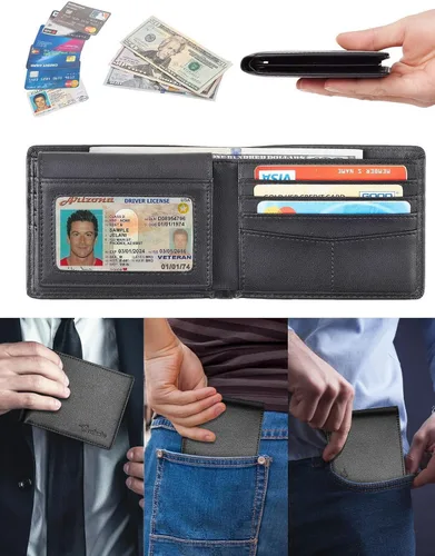 Miniatura 9 de Cartera para hombre, billetera clásica de alta calidad para hombre, billetera minimalista y plegable, cartera con bloqueo RFID con 10 tarjetas