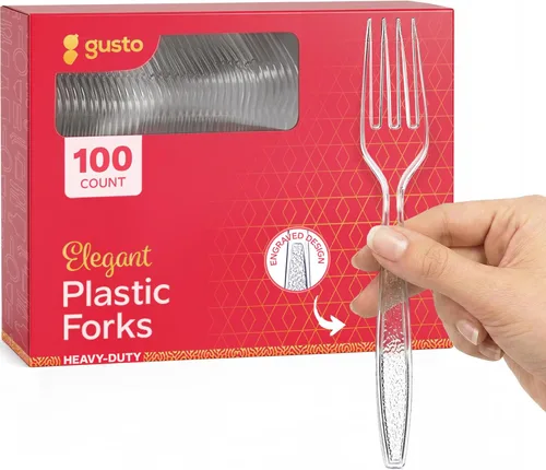GUSTO [Paquete de 100] Tenedores de plástico transparente pesado con diseño grabado, utensilios de plástico resistentes desechables para fiestas,
