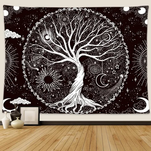 Wonrizon Tapiz del árbol de la vida, tapiz espacial de galaxia en blanco y negro, decoración estética psicodélica para colgar en la pared para sala